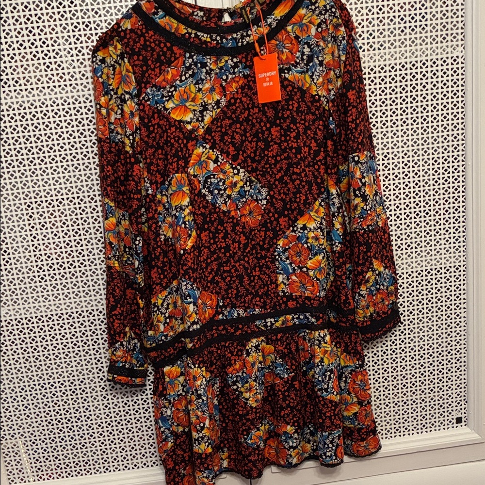 Superdry Floral Long Sleeve Dress - Red and Blue